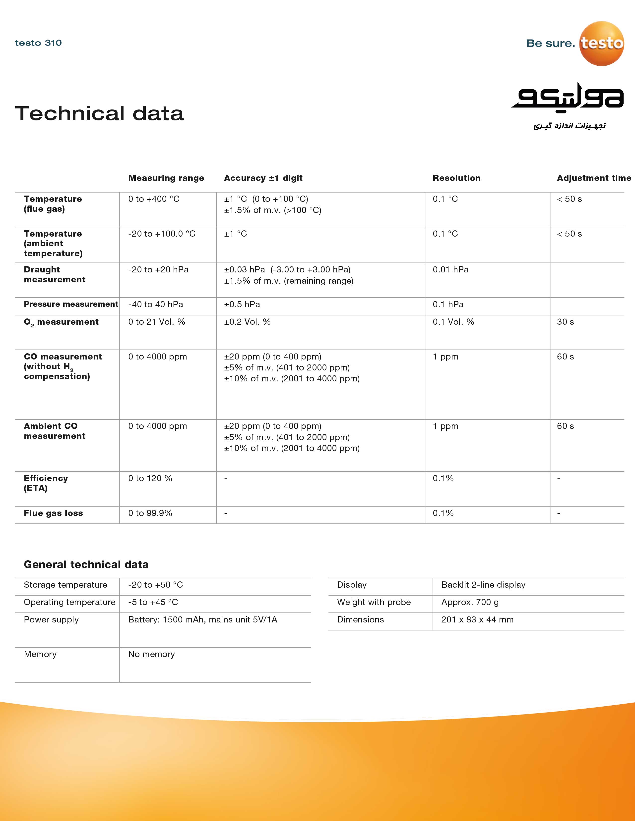 مشخصات فنی و کاتالوگ گاز آنالایزر حاصل از احتراق تستو testo 310 
